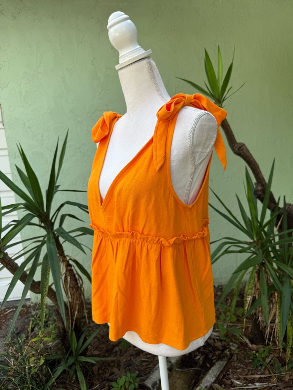 Orange Shoulder Bow Ties Linen Blend Top
